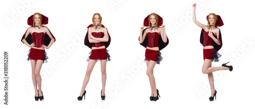 Pretty lady in velvet bordo dress with cap isolated on white