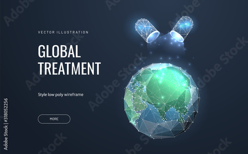 Pill or Medications affect the planet earth. Low poly wireframe style. The concept of saving or healing the world. Polygonal abstract isolated on blue background. Vector