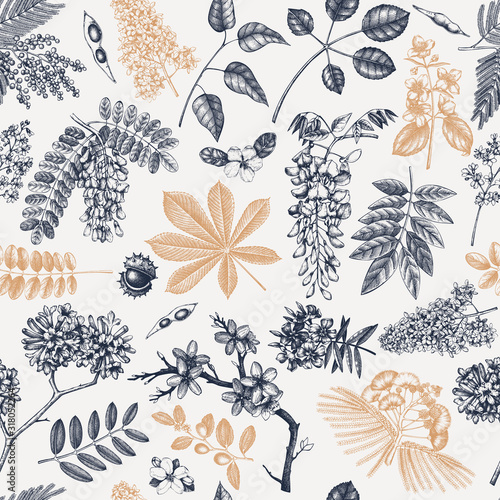 Spring trees in flowers seamless pattern. Hand drawn blooming plant background. Vintage flower, leaf, branch, tree sketches backdrop. Spring banner, wrapping paper, textile, fabric.