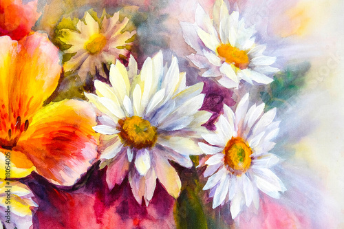 Bright bouquet of spring flowers oil painting.