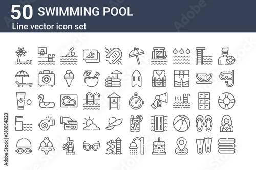 set of 50 swimming pool icons. outline thin line icons such as towel, goggles, springboard, sunscreen, sunbed, basketball