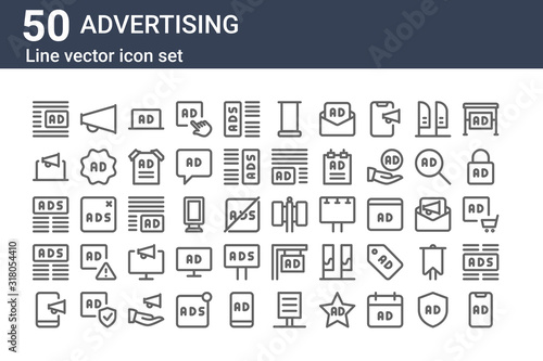 set of 50 advertising icons. outline thin line icons such as ads, broadcast, ads, ads, advertising, broadcast