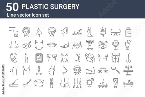 set of 50 plastic surgery icons. outline thin line icons such as hospital, fat, buttocks, ear, nose, woman