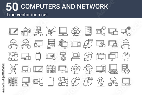 set of 50 computers and network icons. outline thin line icons such as laptop, server, nano technology, hacking, internet, robot
