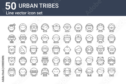 set of 50 urban tribes icons. outline thin line icons such as otaku, hippie, furry, furry, cybergoth, surfer