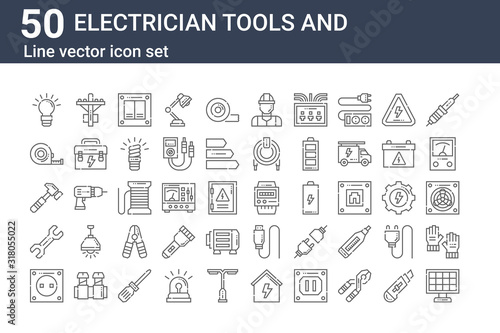 set of 50 electrician tools and icons. outline thin line icons such as solar panel, socket, wrench, hammer, measuring tape, electric pole