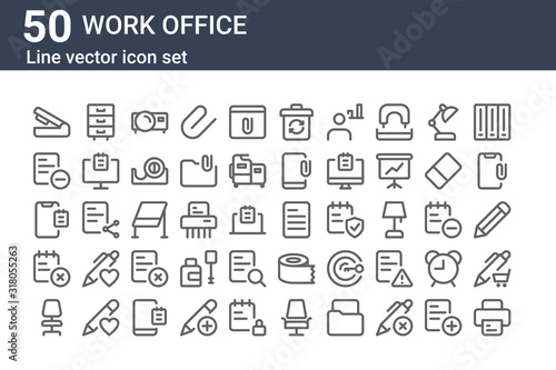 set of 50 work office icons. outline thin line icons such as printer, office chair, notebook, notebook, file, file cabinet