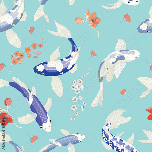 Blue Aquarium Seamless Carp Koi Fish Botanical Vector Pattern