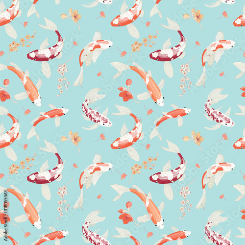 Seamless Koi Fish Vector Pattern Botanical Abstract Textile Design
