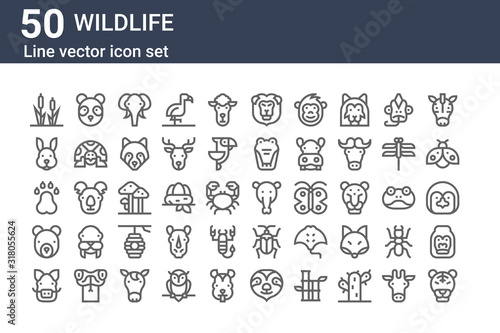 set of 50 wildlife icons. outline thin line icons such as tiger, boar, bear, pawprints, rabbit, panda