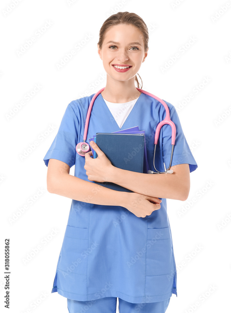 Female medical student on white background Female medical student on white background