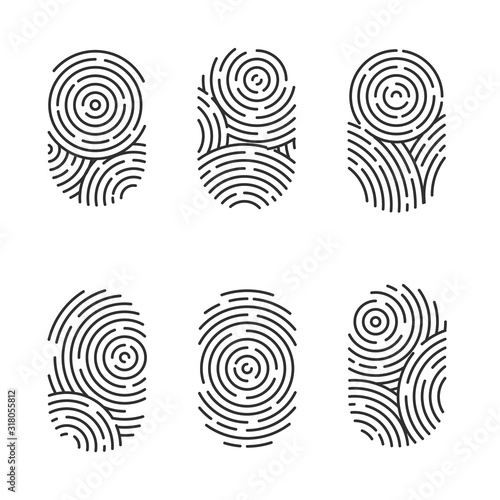 Vector set of black and color fingerprints isolated on white background. Thumb finger print or personal id, unique biometric identity for police or security 