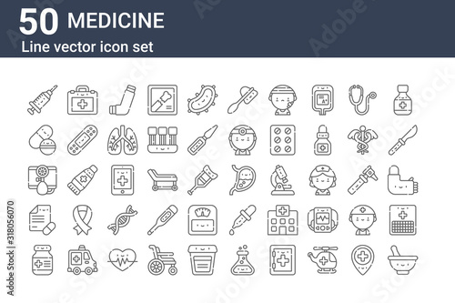 set of 50 medicine icons. outline thin line icons such as mortar, pills, prescription, baumano, pills, briefcase