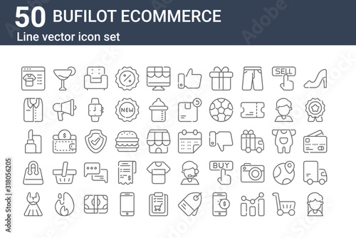 set of 50 bufilot ecommerce icons. outline thin line icons such as costumer, dress, shopping bag, lipstick, shirt, cocktails