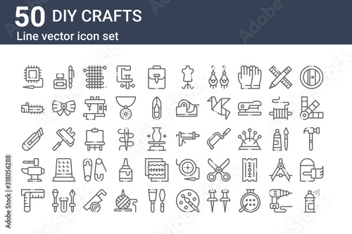 set of 50 diy crafts icons. outline thin line icons such as spray paint, measuring tape, anvil, cutter, chainsaw, ink