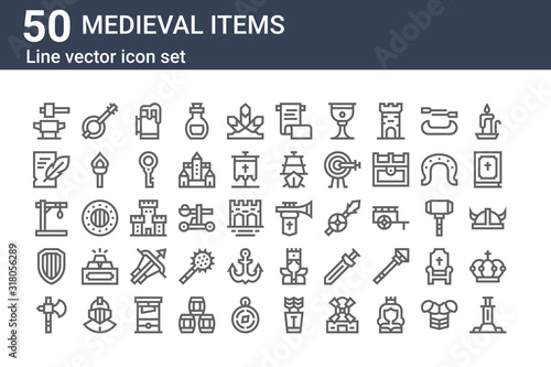 set of 50 medieval items icons. outline thin line icons such as sword, axe, shield, gibbet, writing, banjo