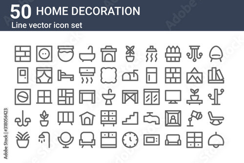 set of 50 home decoration icons. outline thin line icons such as lamp, plant, chandelier, washing machine, doorway, plug