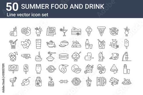 set of 50 summer food and drink icons. outline thin line icons such as grapes, cocktail, steak, pineapple juice, lemonade, mozzarella