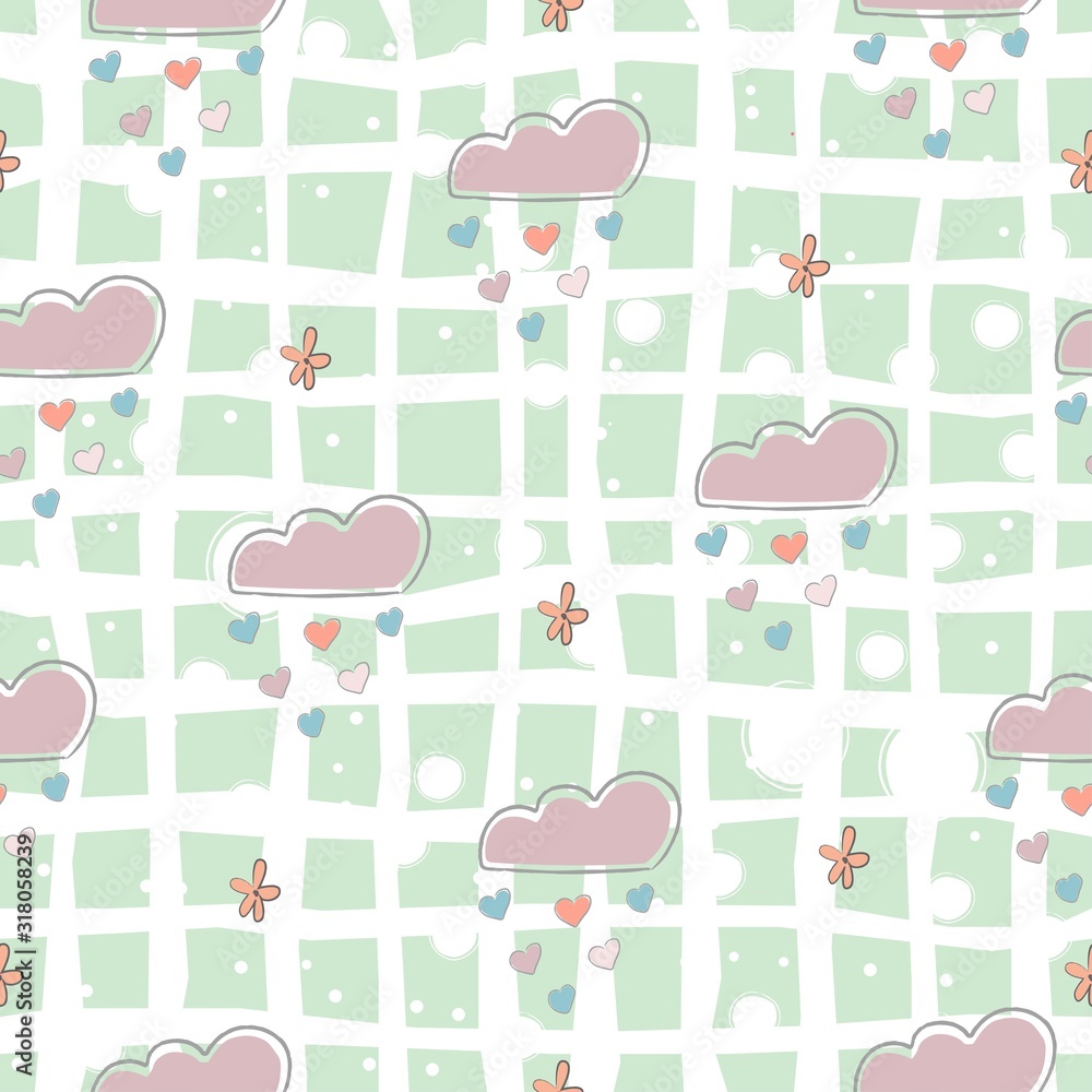 Fototapeta premium Seamless Cute Pattern with clouds raining with hearts