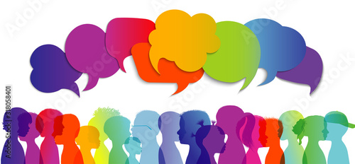 Silhouette group of modern children in rainbow colored profile. Communication between multi-ethnic children. Children talking. Multicultural kindergarten. Globalization. Speech bubble