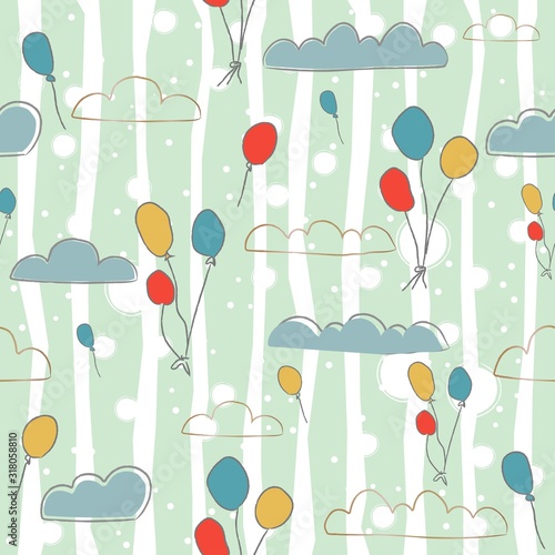 Seamless pattern with clouds and colorful balloons hand drawn in brush on dotted funky background