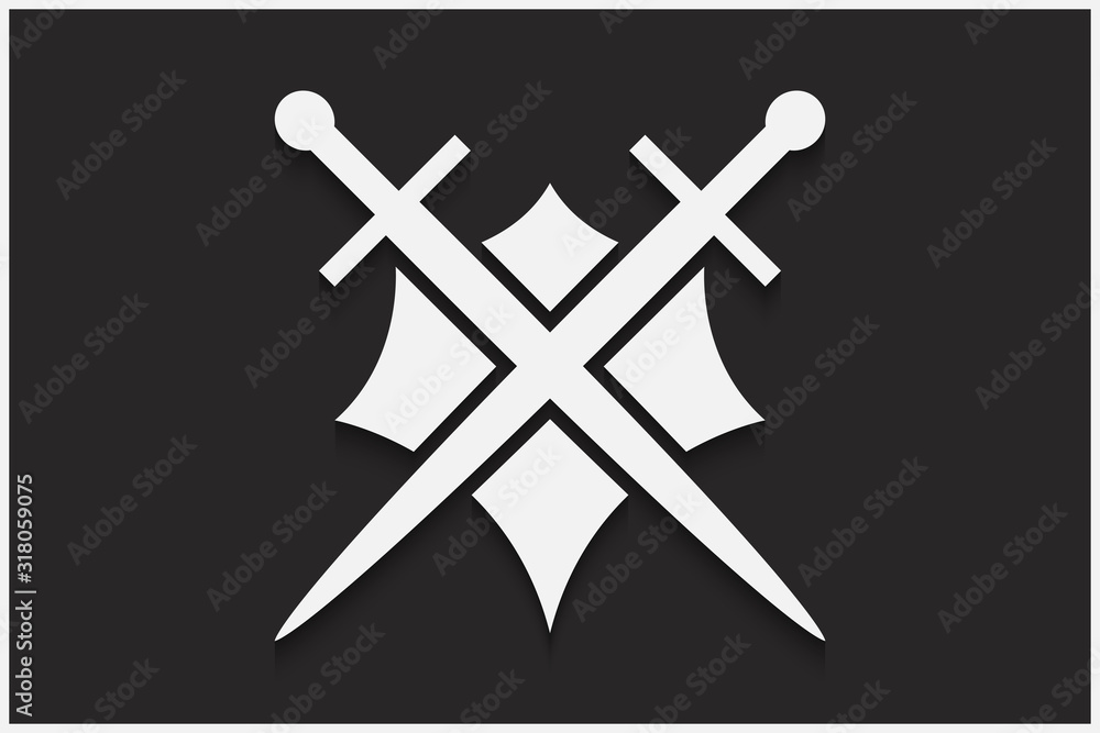 Shield and sword vector emblem. White shield and sword on a black background with shadow. Shield and sword vector emblem. White shield and sword on a black background with shadow.