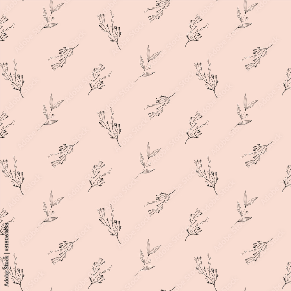 Fototapeta premium Seamless pattern monochrome floral elements, branches and leaves 