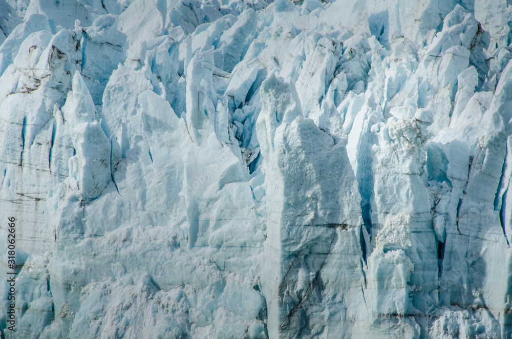 Closeup of ice seracs of a melting glacier 