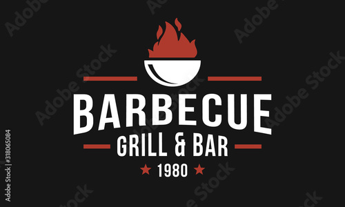 Barbecue grill, bbq restaurant logo, poster. Trendy vintage design logo. Vintage graphic template for restaurant, steak house, grill house, cafe. Vector label template.