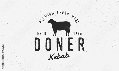 Doner Kebab hipster logo template. Logo for Kebab, restaurant with lamb silhouette. Typography restaurant. Vintage design for meat store, restaurant.