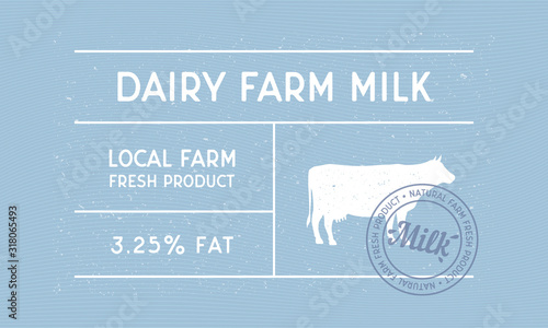 Dairy farm milk vintage label. Minimal design of old label with cow silhouette and stamp. Vintage sticker, label for farm products, logo. 