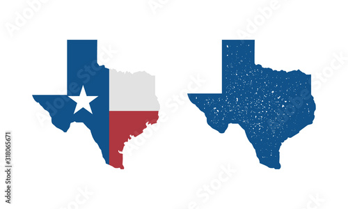 Texas flag map icon and Texas map with vintage stamp effect isolated on white background. Print for T-shirt, typography. Vector template