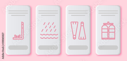 Set line Snorkel, Rain and waves, Rubber flippers for swimming and Aqualung. White rectangle button. Vector