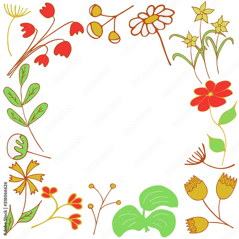 Obraz premium Frame of spring and summer flowers and twigs on a white background. Tulip, Daisy, Dandelion, Cotton, Rose, daffodil, lily of the valley, knapweed, burdock. Colorful illustration