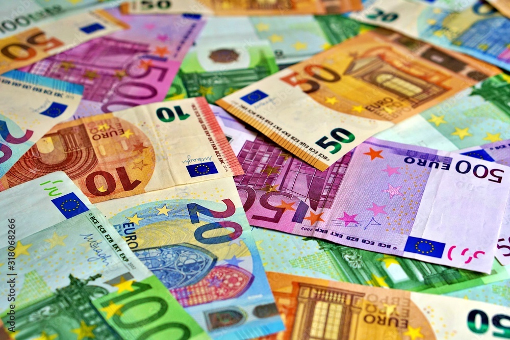 Obraz premium United country's payment system - euro money cash background, pile of paper euro banknotes.