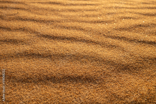 Sandy background and texture: waves of sand on the coast close-up. Horizontal frame view