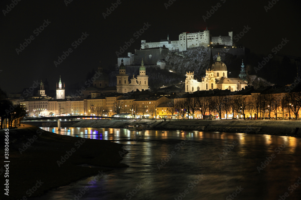 Hohensalzburg Fortress - Salzburg Castle and Old Town by night, Austria