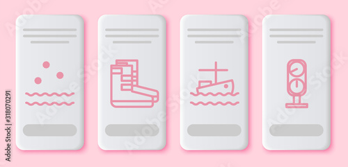 Set line Cold and waves, Boots, Fishing boat on water and Gauge scale. White rectangle button. Vector