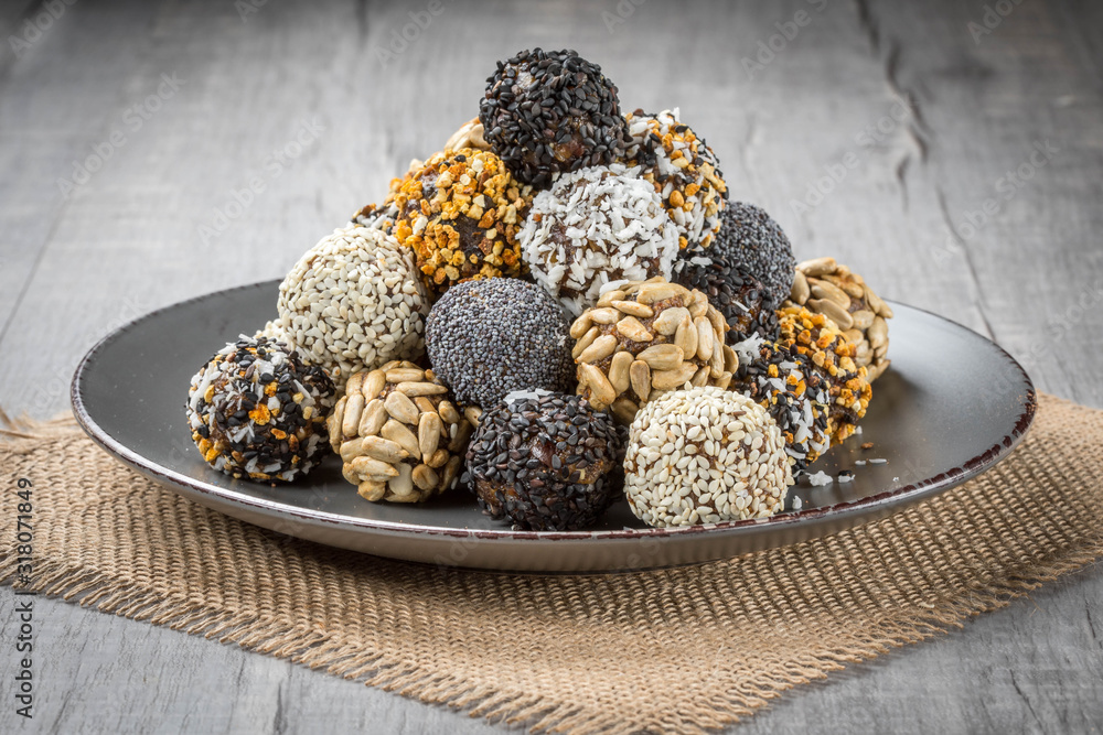 Energy protein balls with healthy ingredients. Home made with dried