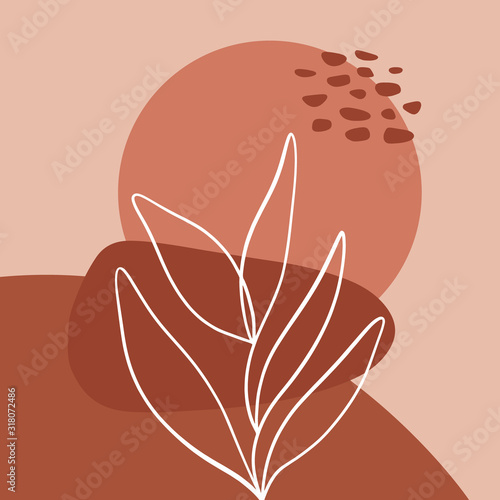 Minimalist abstraction with leaf and geometric shapes. Contemporary scandinavian style. Flat design collage terracotta color composition. Good for posters, postcards, social media banners and post tem