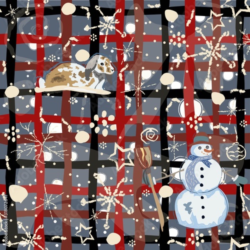 Seamless Winter pattern with bunnies on blue background with hand drawn winter doodles