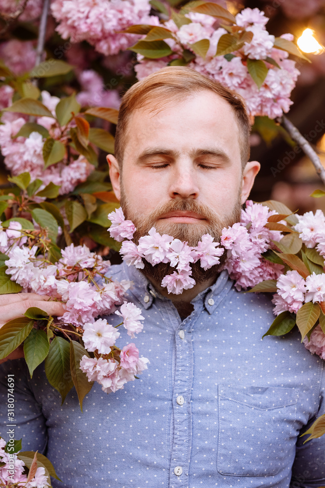 Obraz premium A bearded man with a decorated beard for the Spring holiday. Flower in the beard. Freshness concept. Guy with blooming cherry or sakura flowers in beard. Man with beard and mustache enjoy spring