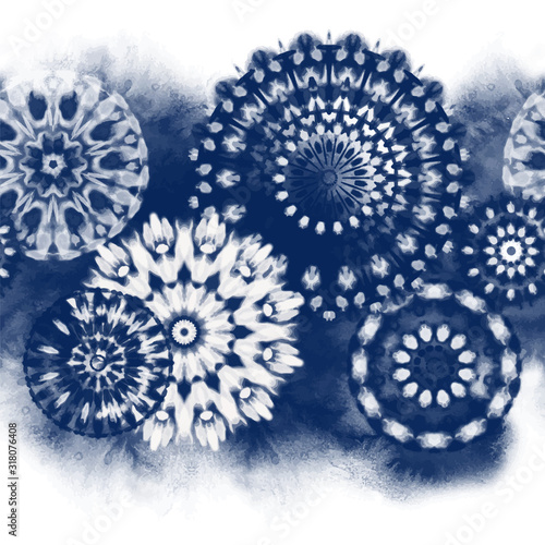 Seamless pattern Shibori in Indigo color. Digital Quilting Arts. Tie-dye. Tied and dyed - is a manual resist dyeing technique, of Japanese artisan design which produces patterns on fabric