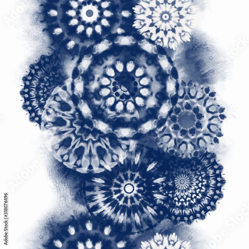 Seamless pattern Shibori in Indigo color. Digital Quilting Arts. Tie-dye. Tied and dyed - is a manual resist dyeing technique, of Japanese artisan design which produces patterns on fabric
