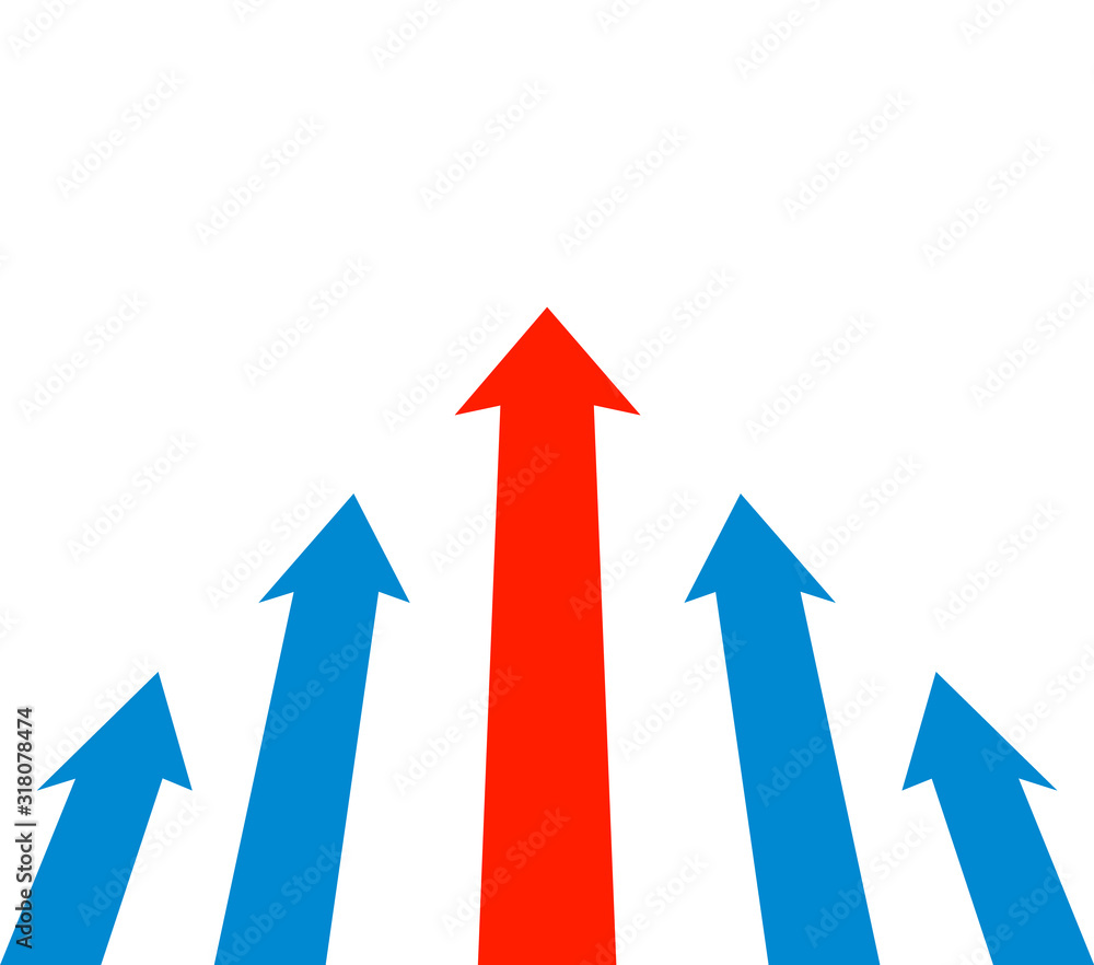 Red and blue arrows rise up. Rating raising business promoting, symbol of leadership, development and moving forward, sign among competitors. Vector illustration in flat simple style. Red and blue arrows rise up. Rating raising business promoting, symbol of leadership, development and moving forward, sign among competitors. Vector illustration in flat simple style.