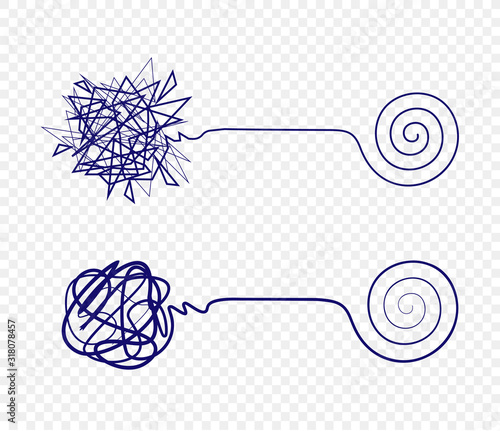 Graphic symbol for solving a complex problem. Simplifying complex task, element for presentation. Transforming into smooth spiral from tangled tangle, vector illustration on transparent background