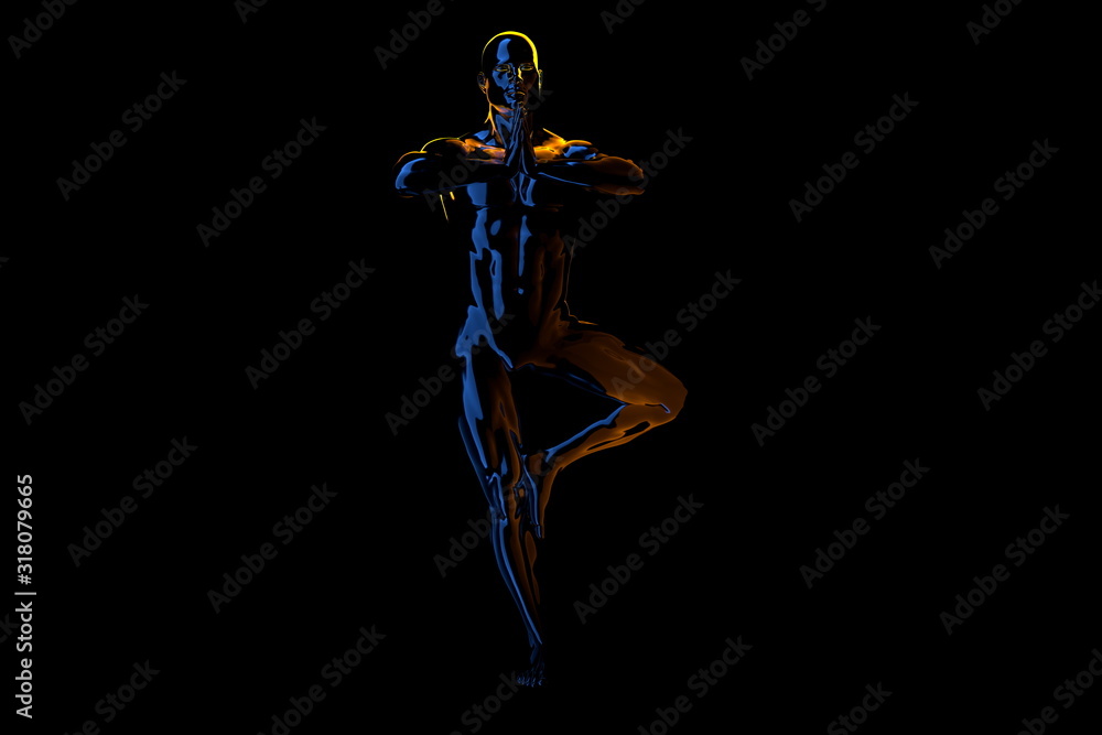 3d man doing yoga exercise in tree pose isolated on black background