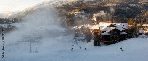 Panoramic View from above of Creekside Village during a sunny winter day. Taken from Whistler Mountain, British Columbia, Canada. photo