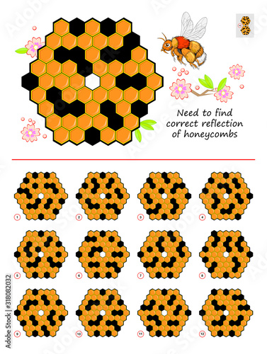 Logic puzzle game for children and adults. Need to find correct reflection of honeycombs. Printable page for brain teaser book. Developing kids spatial thinking. Vector cartoon image.