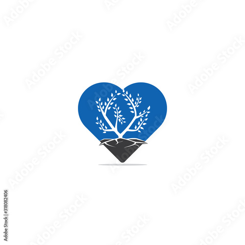 tree roots heart shape vector logo design. Tree and roots nature love vector logo design template.	